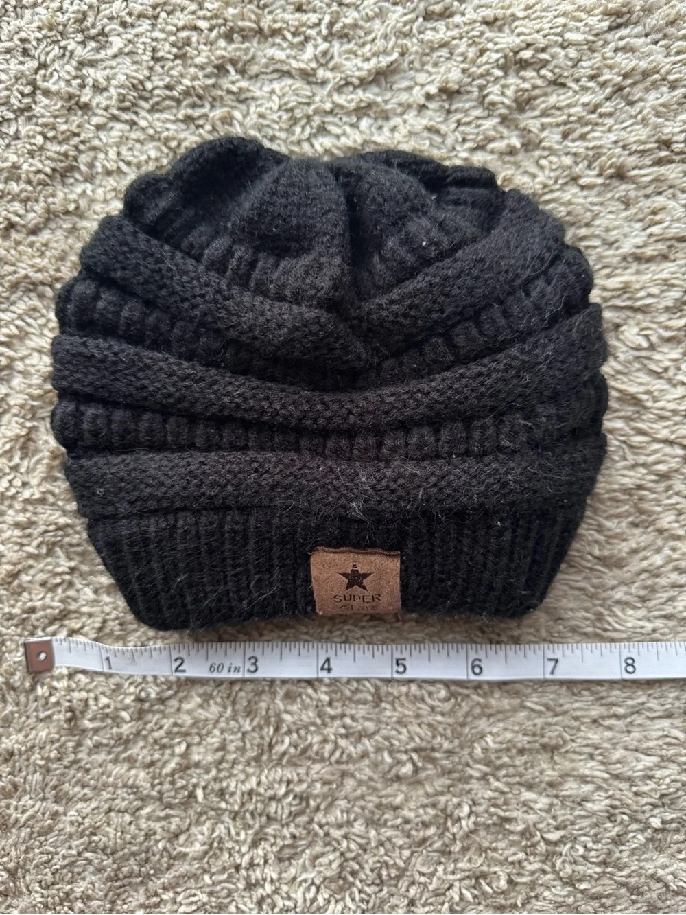 Super Star Black Knit Beanie Hat Acrylic Winter Cap Approx 7 Inch